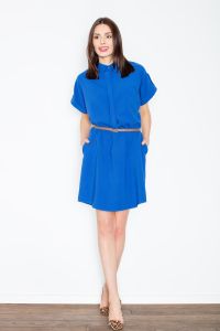 Blue collared shirt dress with leather belt