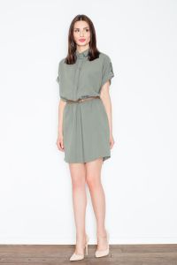Olive green collared shirt dress with leather belt