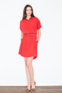 Red collared shirt dress with leather belt