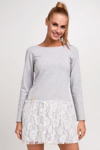 Light Grey Casual Knitted Dress With White Lace Over Skirt