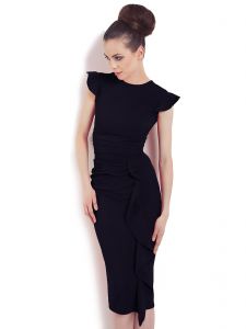 Black Structured Petal Sleeves Midi Dress