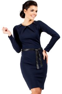 Dark Blue Pleated Neckline Shift Dress with Belt