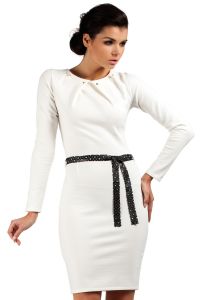White Pleated Neckline Shift Dress with Belt