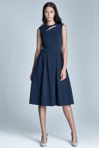 Dark blue pleated dress with cut out neckline