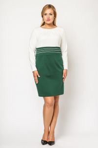 Green plus size dress with contrast bodice and long sleeves