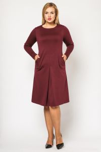 Maroon seam midi length plus size dress with long sleeves
