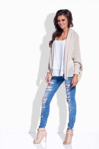 Beige front open sweater with fold over neckline