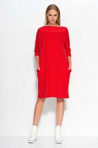 Red oversized dress with bateau neckline