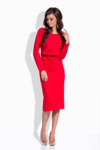 Red round neckline dress with elasticized waist
